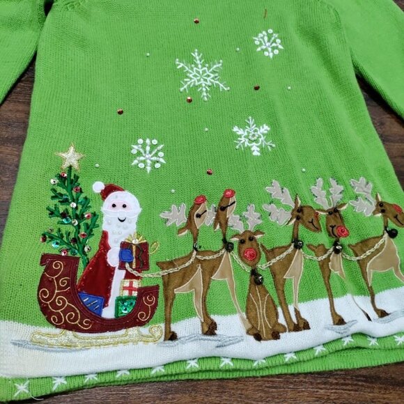 Quacker Factory Green Cute Ugly Christmas Sweater S Snowman & Reindeer - Picture 10 of 12